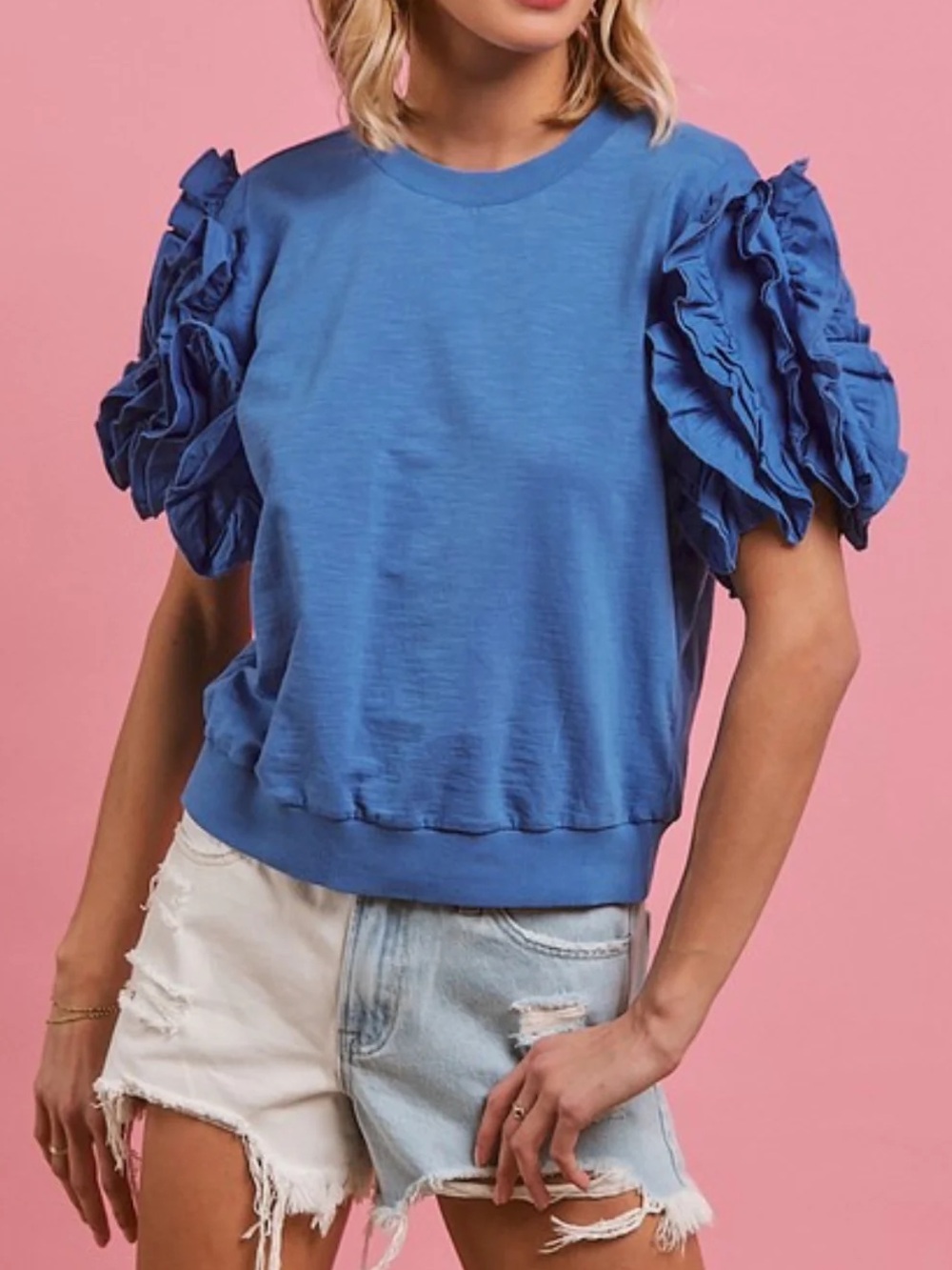 Anthropologie Maeve Blue Ruffle Short Sleeve Crew Neck Tee